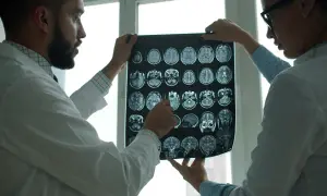 Lekarze analizują rezonans magnetyczny mózgu, szukając oznak zapalenia opon mózgowych.