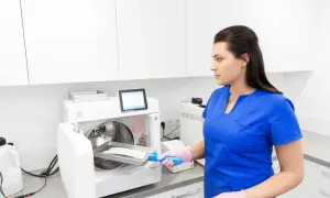 Technik sterylizacji medycznej to kluczowy zawód medyczny. Kobieta w niebieskim uniformie wkłada tacę ze sterylizowanymi narzędziami do autoklawu.