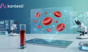 AI analizuje próbkę krwi, wyświetlając czerwone krwinki i dane, sugerując zaawansowane badania rdw-sd.
