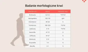 Tabela z badaniem morfologicznym krwi, pokazująca normy dla różnych składników, w tym trombocytów.