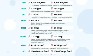 Tabela z wynikami mch morfologia: RBC, HGB, HCT, MCV, MCH, MCHC, WBC, PLT z podanymi normami.