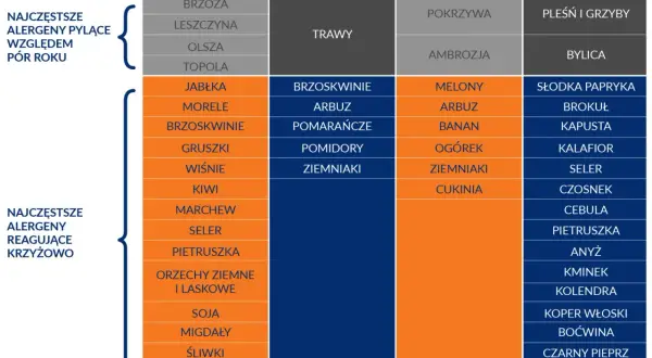Tabela z listą alergenów pyłkowych i krzyżowych oraz sezonami ich występowania.