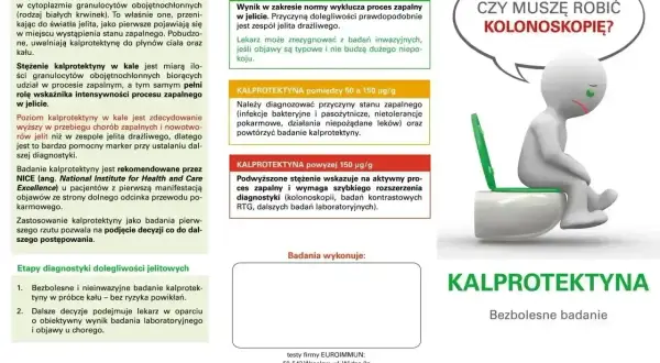 Badanie kału na kalprotektynę. Wyniki interpretowane w kontekście zapalenia jelit, kolonoskopii i zespołu jelita drażliwego.