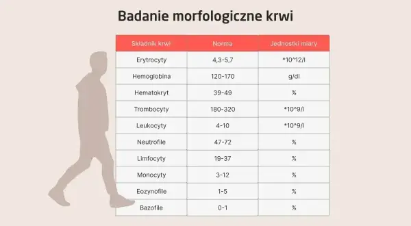 Tabela z badaniem morfologicznym krwi, pokazująca normy dla różnych składników, w tym trombocytów.