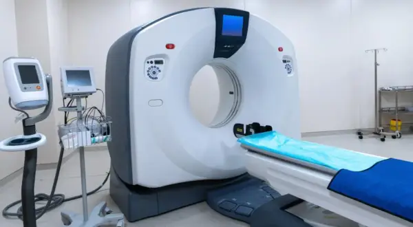 Nowoczesny aparat do tomografii komputerowej, gotowy do wykonania badania z kontrastem. Obok stoją monitory i wózek z akcesoriami medycznymi.