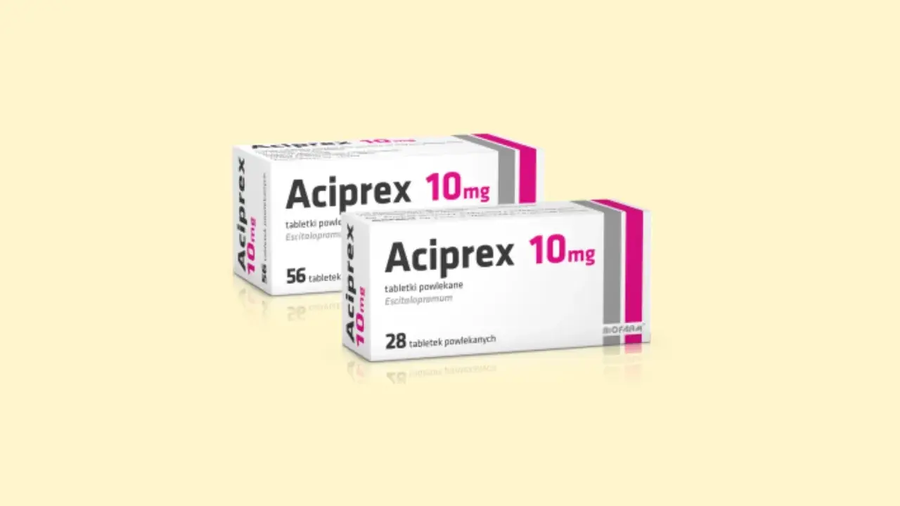Dwa opakowania leku Aciprex 10mg, jedno z 56, drugie z 28 tabletkami powlekanymi.