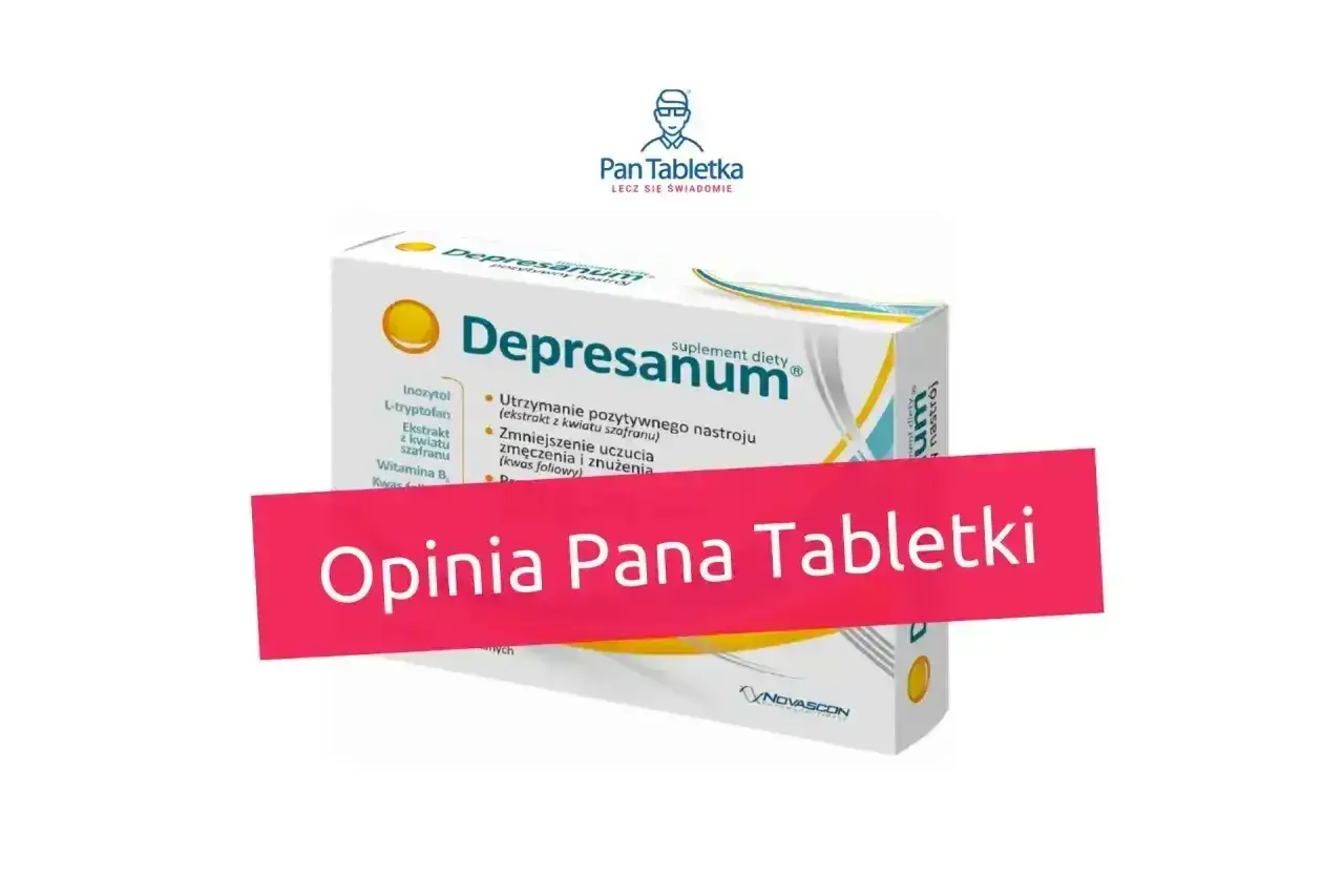 Opakowanie suplementu diety Depresanum, zawierające m.in. ekstrakt z szafranu, wspierające nastrój. Opinia Pana Tabletki.