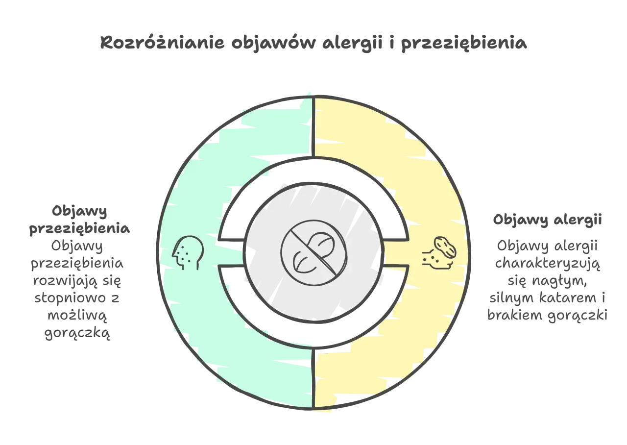 Diagram porównuje objawy alergii i przeziębienia. Alergia to nagły, silny katar bez gorączki, podczas gdy przeziębienie rozwija się stopniowo, z możliwą gorączką.