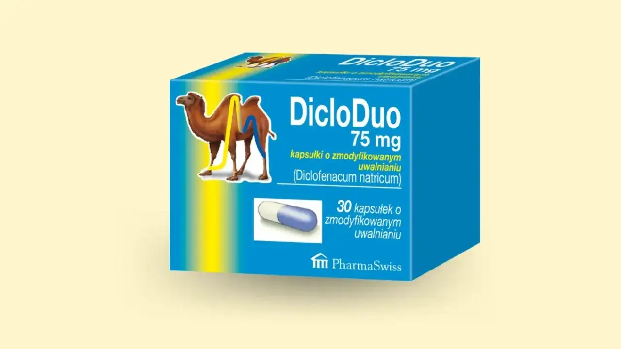 Opakowanie DicloDuo 75 mg, leku na bóle stawów i mięśni. Zawiera 30 kapsułek o zmodyfikowanym uwalnianiu.