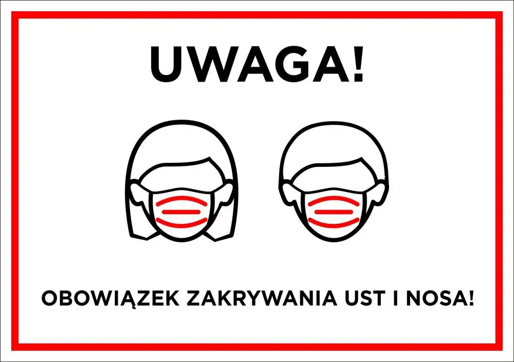 Tablica informacyjna w szpitalu lub przychodni o obowiązku noszenia maseczek