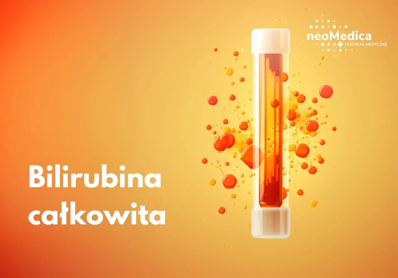 Bilirubina całkowita w probówce, otoczona pomarańczowymi kropelkami. Logo NeoMedica.