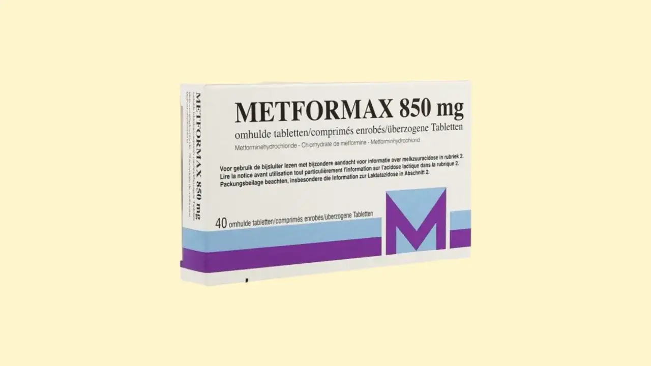 Opakowanie leku Metformax 850 mg, zawierające 40 tabletek. Kluczowy składnik to metformina, stosowana w leczeniu cukrzycy.