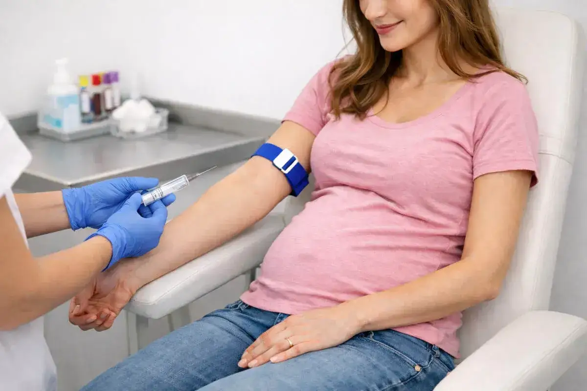Ciężarna kobieta poddaje się pobraniu krwi do badań. Pielęgniarka w rękawiczkach przygotowuje strzykawkę. To ważny test pappa dla zdrowia mamy i dziecka.