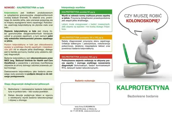 Badanie kału na kalprotektynę. Wyniki interpretowane w kontekście zapalenia jelit, kolonoskopii i zespołu jelita drażliwego.