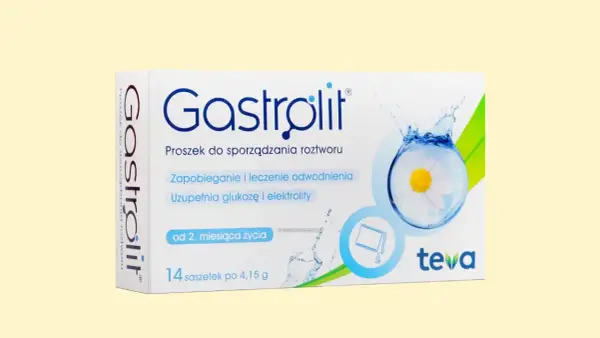 Opakowanie Gastrolit, proszek do sporządzania roztworu, zapobiega odwodnieniu, uzupełnia glukozę i elektrolity. 14 saszetek.