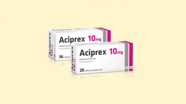Dwa opakowania leku Aciprex 10mg, jedno z 56, drugie z 28 tabletkami powlekanymi.