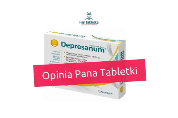 Opakowanie suplementu diety Depresanum, zawierające m.in. ekstrakt z szafranu, wspierające nastrój. Opinia Pana Tabletki.